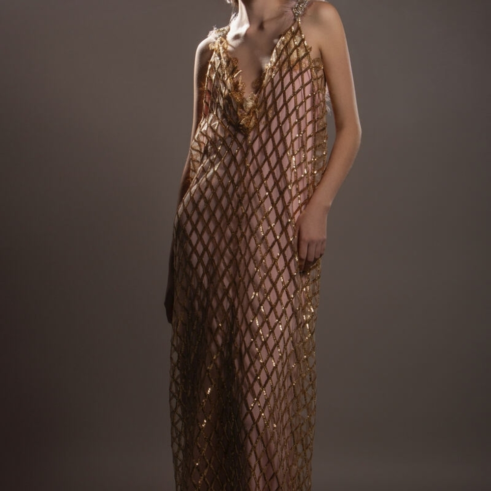 "LADY HELENA" Gold Sequin Diamond Pattern Tulle Lace Gatsby Wedding Gown - Picture 6 of 12